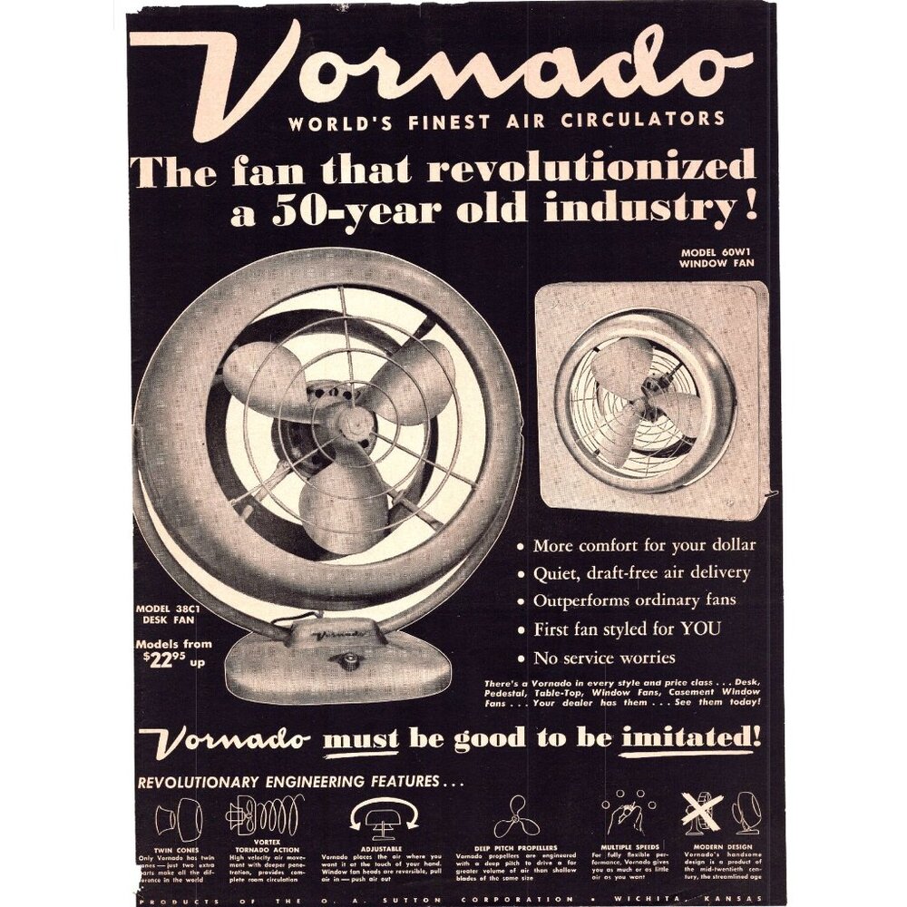 1950 Vornado Desk and Window Fan Vintage Print Ad 50s Midcentury Decor Wall Art
